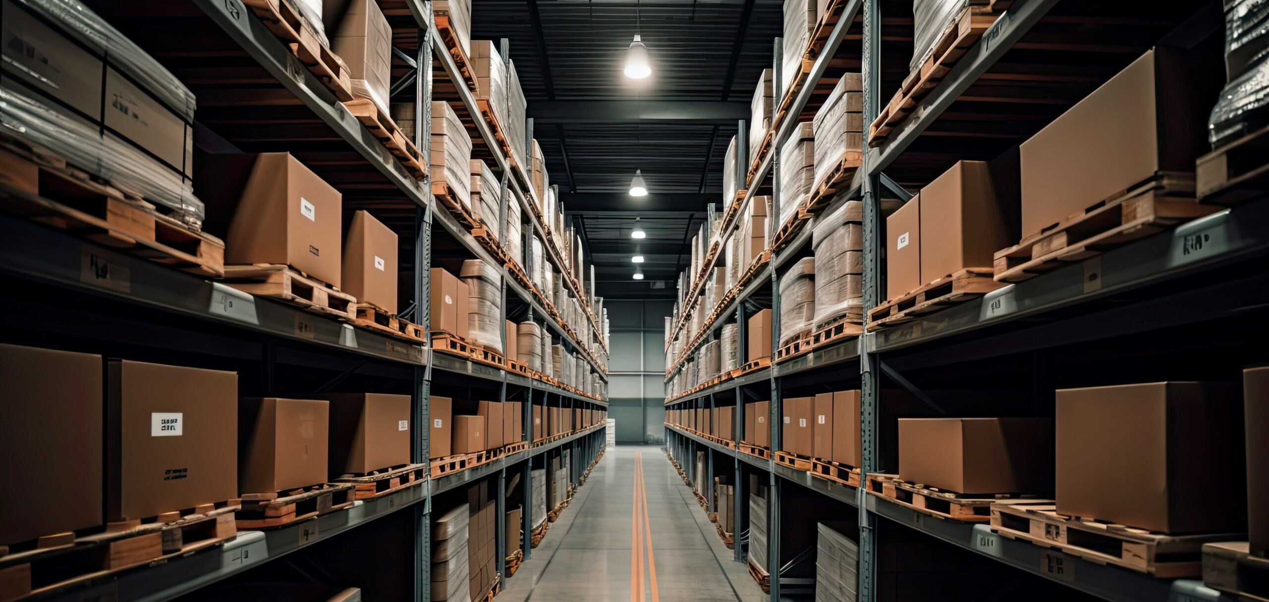 Huge distribution warehouse with high shelves