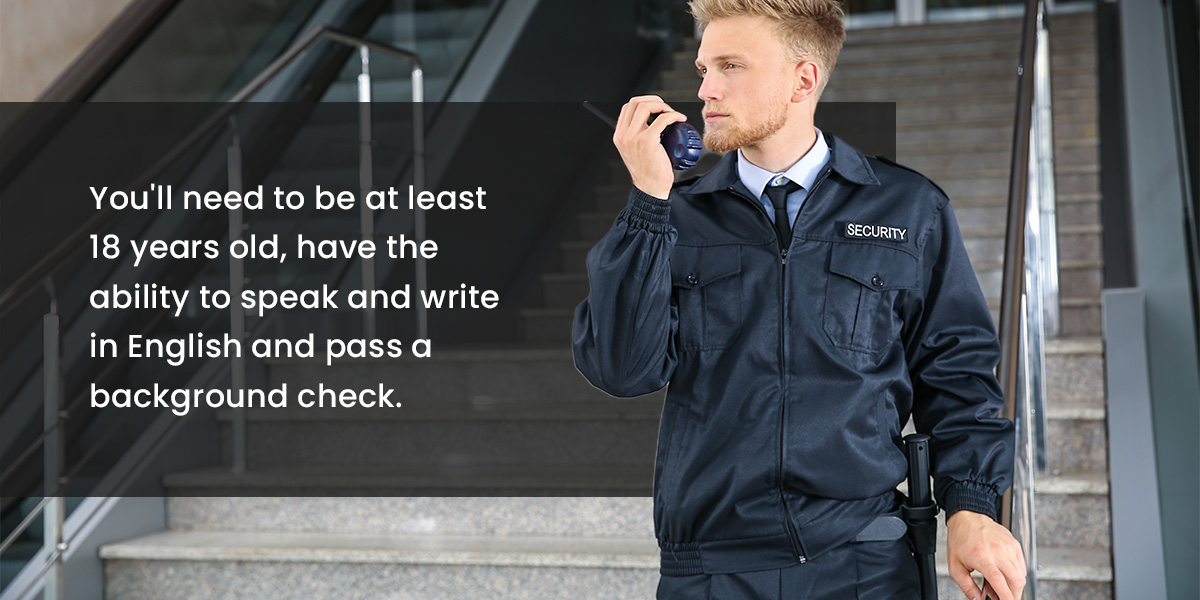 security guard walking down stairs holding a walkie talkie