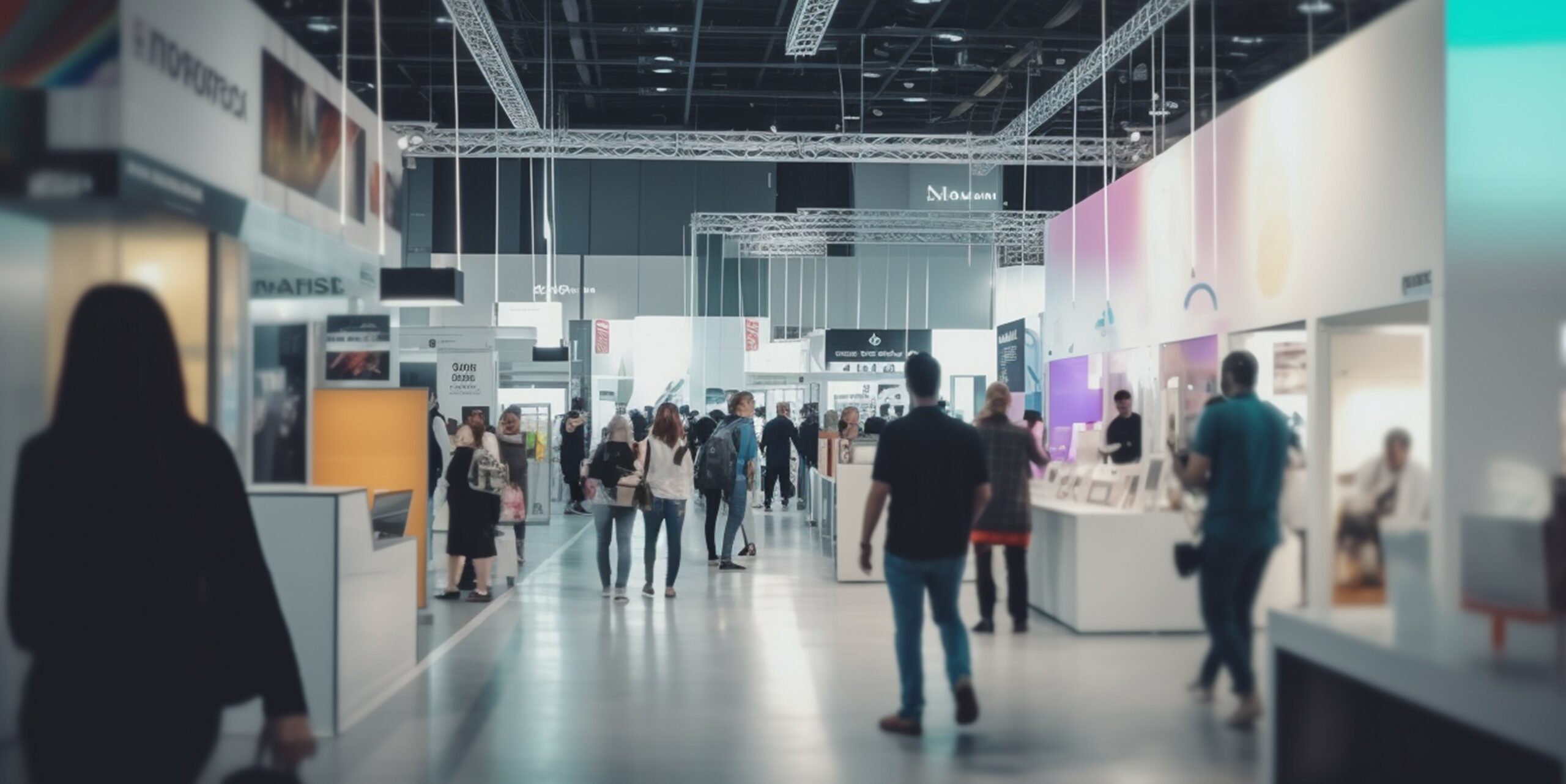 Busy trade fair with a sea of booths and blurry business people