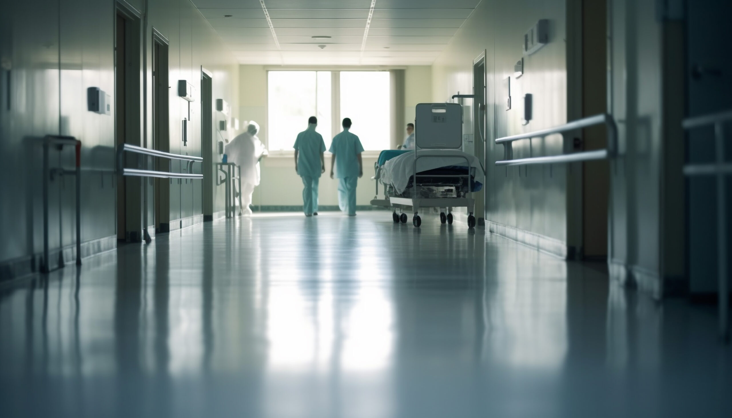 Businessmen and women walking through modern hospital corridor, reflecting professionalism generative AI