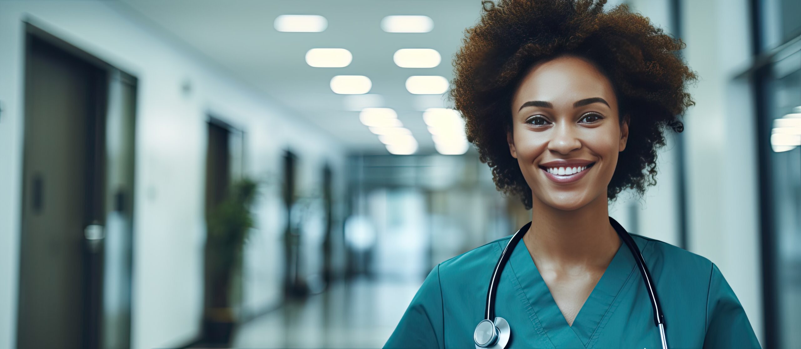 Smiling biracial female healthcare worker in hospital corridor open area for copy medical services