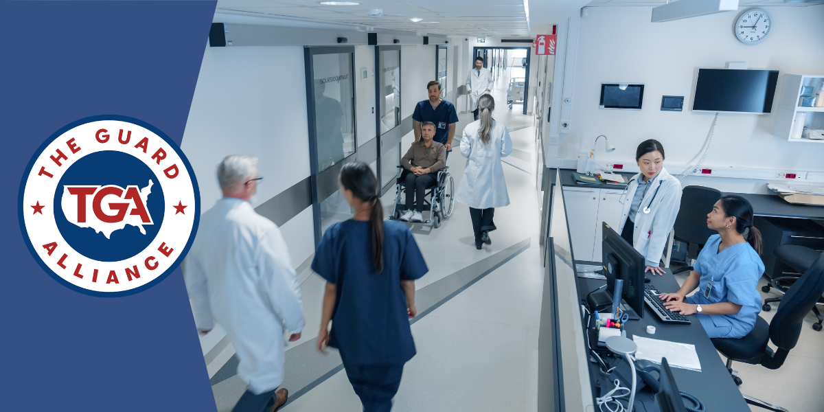 View of busy hospital with logo